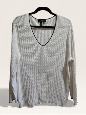 Ralph Lauren White Cable-Knit V-Neck Sweater with Black Trim